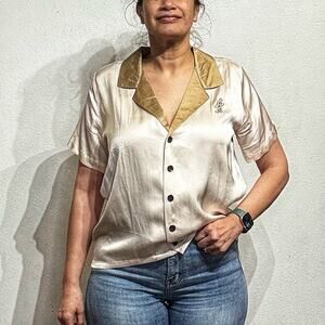 Honor The Gift Cream Notes Camp Shirt Sz M